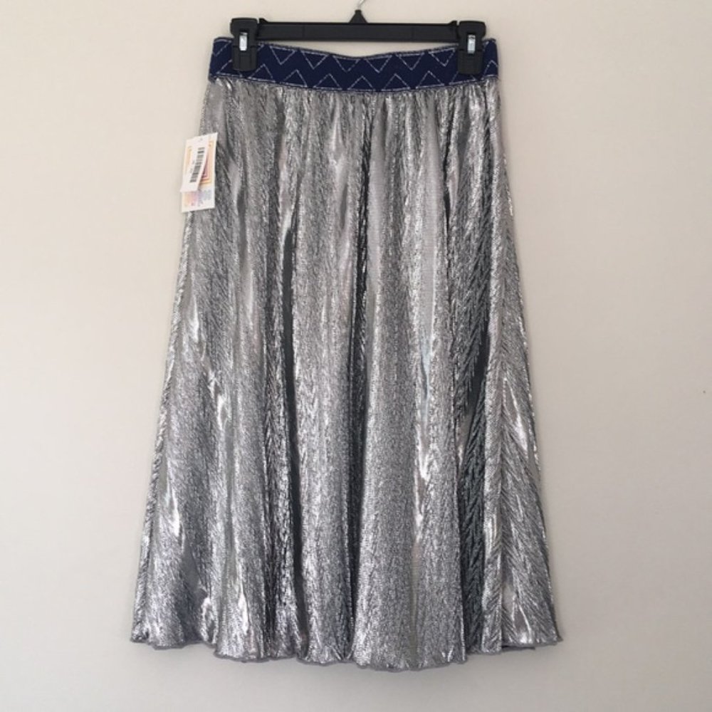 ⭐️ Lularoe Metallic Silver Jill Skirt Navy Waistband Size: MEDIUM